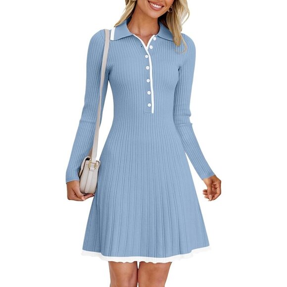 Merokeety Dresses & Skirts - Merokeety Women's Blue Long Sleeve V Neck Button Knit Pleated Sweater Dress